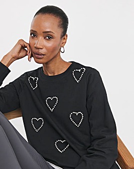 Black Crew Neck Pearl Heart Sweatshirt