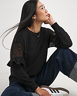 Black Lace Sleeve Detail Sweatshirt