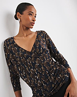 Print Ruched Sides V Neck Long Sleeve Top