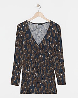 Print Ruched Sides V Neck Long Sleeve Top