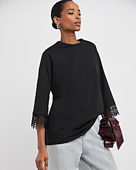 Black 3/4 Lace Insert Sleeve Longline Top