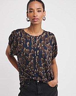 Print Bubble Sleeve Crew Neck Top