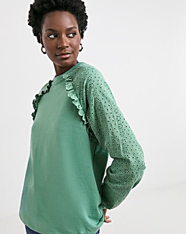 Teal Broderie Sleeve Frill Detail Sweat