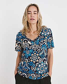 Blue Print V Neck Short Sleeve Bubble Hem Top