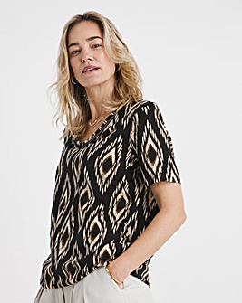 Ikat Print V Neck Short Sleeve Bubble Hem Top