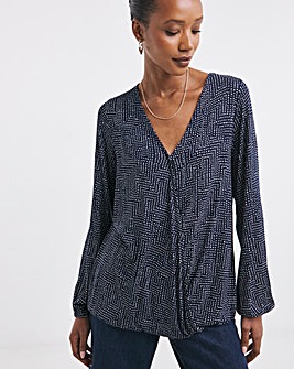 Printed Wrap Long Sleeve Bubble Hem Top