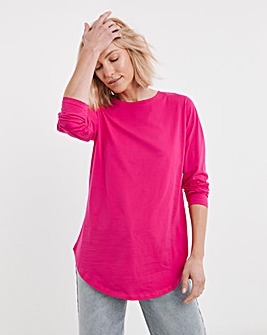 Pink Long Sleeve Longline Curved Hem Top