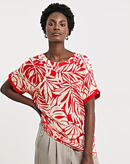 Red Print Woven Front Longline Curved Hem Top