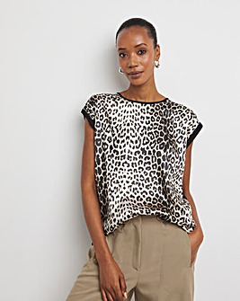 Leopard Print Satin Front Jersey Back Top