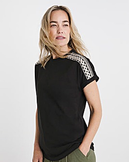 Black Crew Neck Embroidered Shoulder T-Shirt