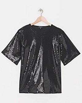 Black Sequin Crew Neck Boxy T-Shirt