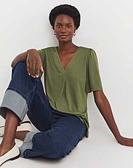 Khaki V Neck Angel Sleeve Top