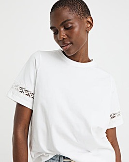 Crew Neck Short Sleeve Lace Insert T-shirt