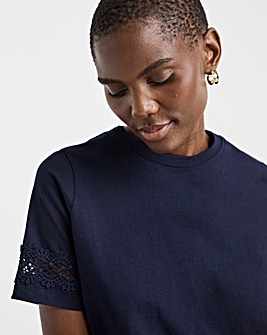 Crew Neck Short Sleeve Lace Insert T-shirt