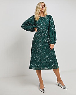 Maya Curve All Over Sequin Embellished Puff Sleeve Midi Dress