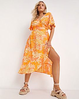Orange Floral Printed Crinkle Wrap Dress
