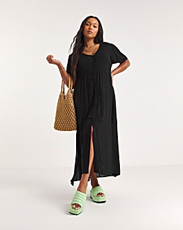 Black Crinkle Button Up Midi Dress With EcoVero TM Viscose