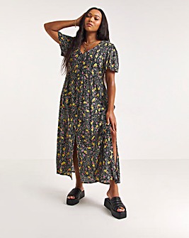 Mixed Animal Floral Printed Crinkle Button Up Midi Dress With EcoVero TM Viscose