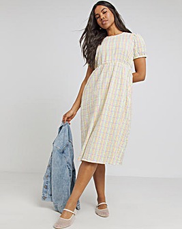 Textured Gingham Midi Dress With Pockets