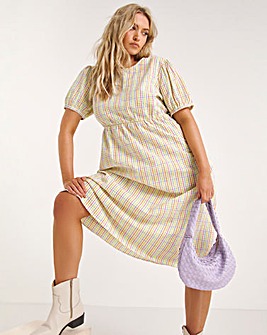Textured Gingham Midi Dress With Pockets