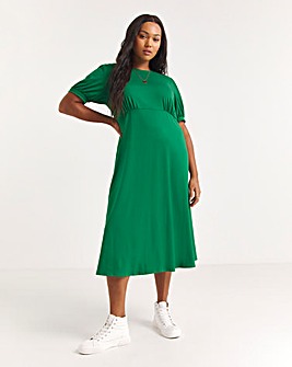 Green Supersoft Jersey Midi Dress With Puff Sleeve