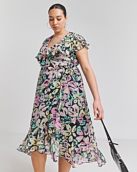 Floral Print Ruffle Front Wrap Midi Dress