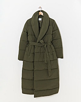 Green Longline Belted Padded Coat