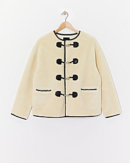 Cream Collarless Duffle Teddy Jacket