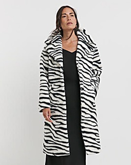 Longline Zebra Print Faux Fur Coat