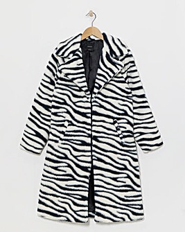 Longline Zebra Print Faux Fur Coat