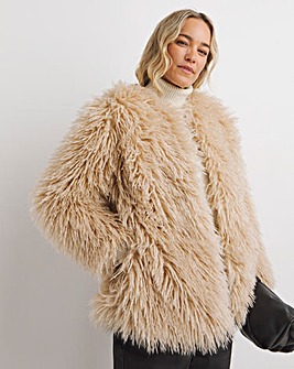 Cream Collarless Shaggy Faux Fur Coat