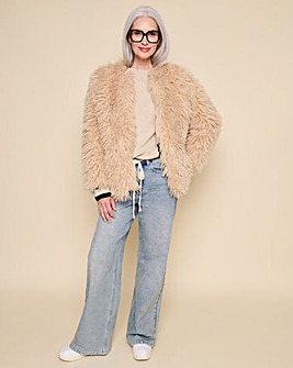 Cream Collarless Shaggy Faux Fur Coat