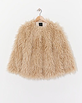 Cream Collarless Shaggy Faux Fur Coat