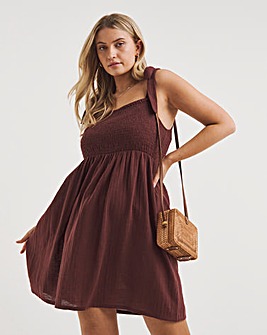 Chocolate Linen Look Tie Strap Skater Dress