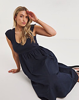 Navy Jersey Poplin Mix Midi Dress With Pockets