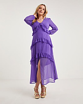 Occasion Purple Long Sleeve Frill Tiered Maxi Dress