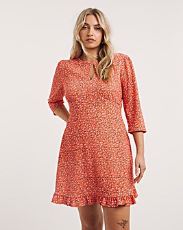 Coral Ditsy Print Waffle Tea Dress