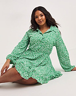 Green Ditsy Print Waffle Shirt Dress