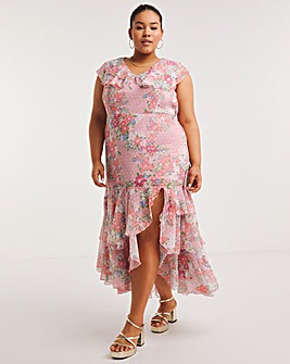 Boutique Floral Print Frill Hem Dobby Georgette Maxi Dress