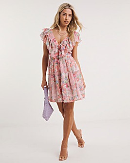 Boutique Floral Print Frill Hem Dobby Georgette Skater