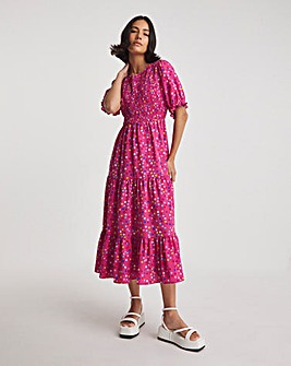 Pink Spot Print Shirred Midi Dress