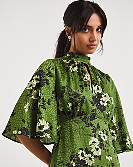 Joanna Hope Satin Jacquard Green Floral Keyhole Midi Dress