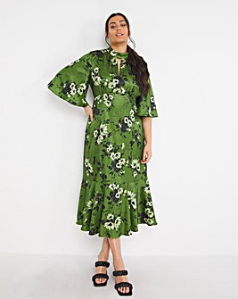 Joanna Hope Satin Jacquard Green Floral Keyhole Midi Dress