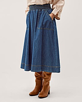 Monsoon Sophie Shirred Denim Midi Skirt