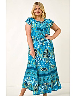 Roman Curve Tropical Tie Neck Dress