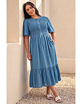Roman Curve Denim Shirred Midi Dress