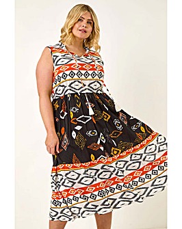 Roman Curve Aztec Print Smock Midi Dress
