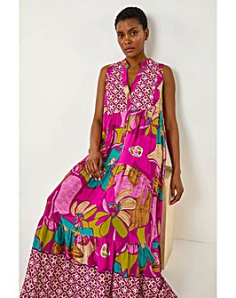 Roman Boho Floral Print Smock Maxi Dress