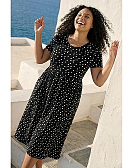 Roman Curve Polka Gathered Waist Dress