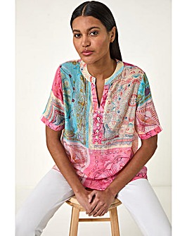 Roman Scarf Print Hotfix Buttoned Top